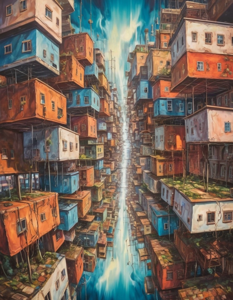 surreal, upside-down, cityscape, floating buildings, concept art, fantasy