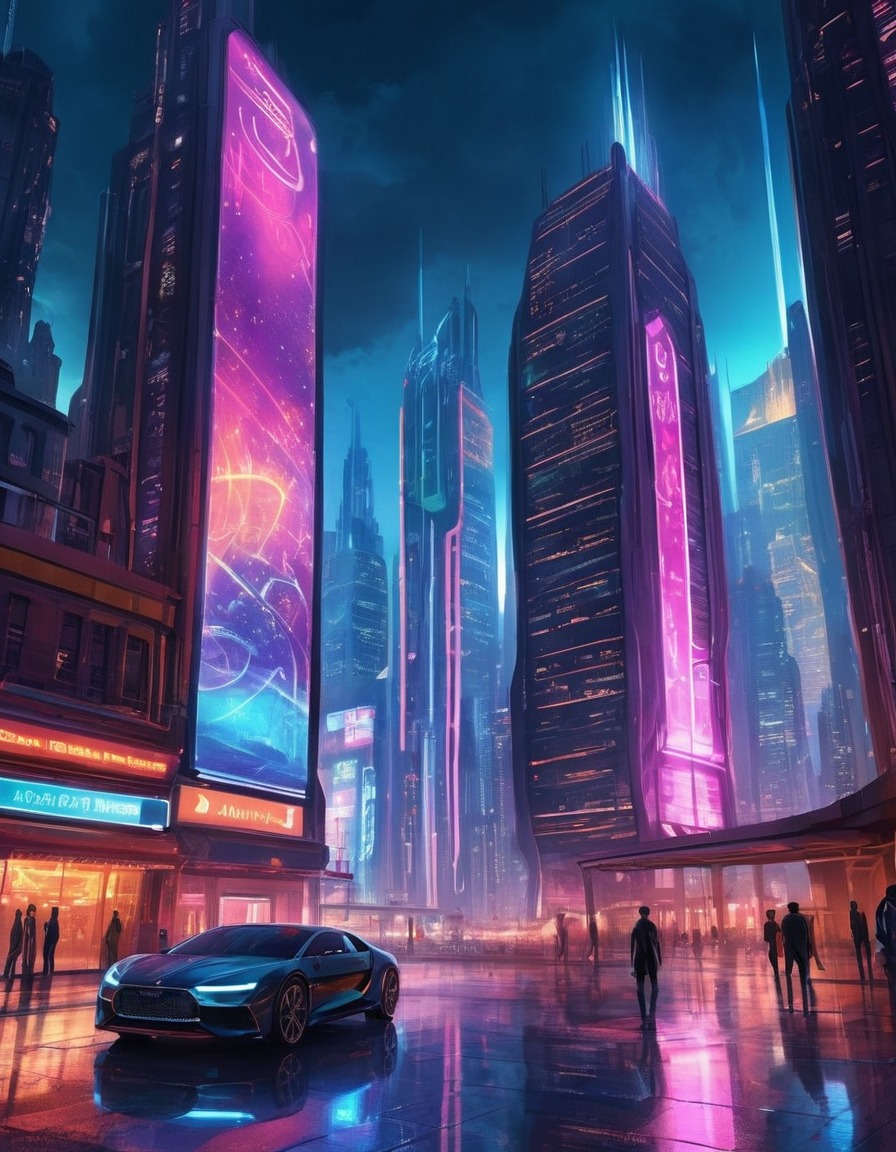 futuristic, cityscape, skyscrapers, neon lights, books