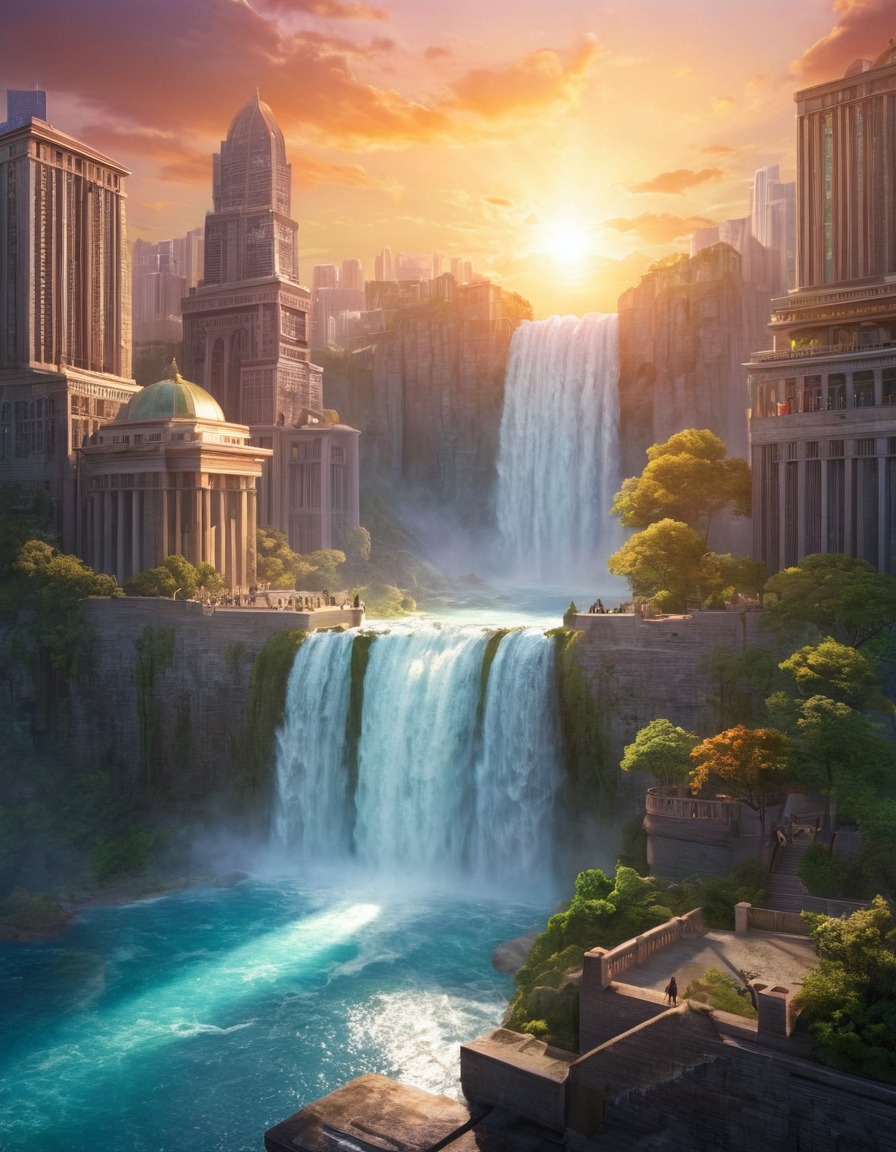 waterfall, cityscape, sunset, nature, urban landscape, city