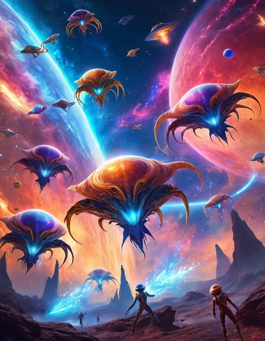 space, alien creatures, nebula, colorful, space scene, extraterrestrial, dazzling