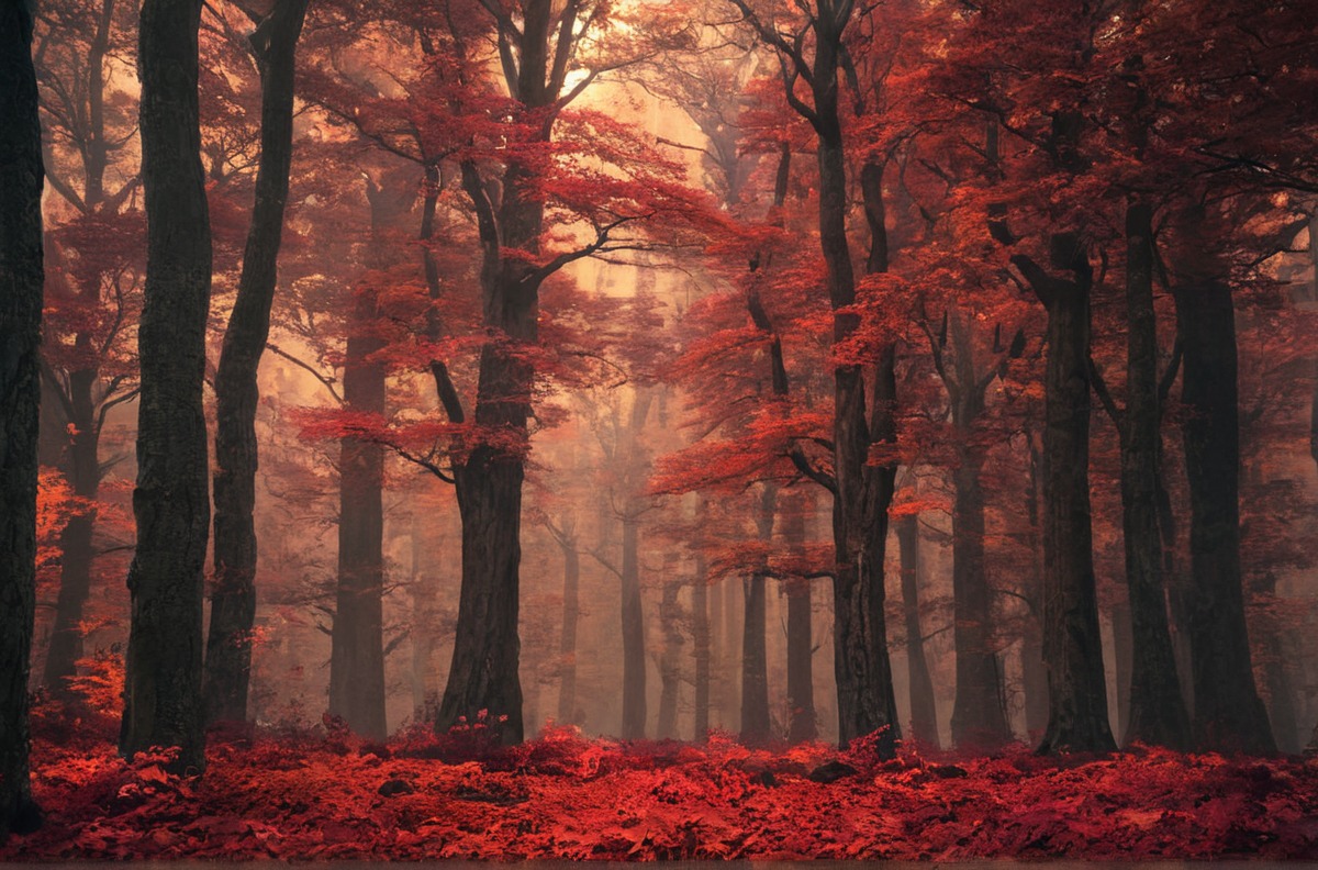 autumn, fall, fog, forest, landscape, mist, nature, photography, red, trees