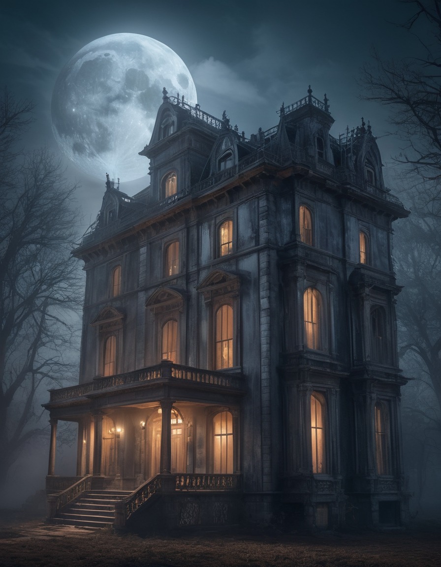 haunted house, spooky, creepy, mansion, abandoned, misty night, lovecraft, howard lovecraft