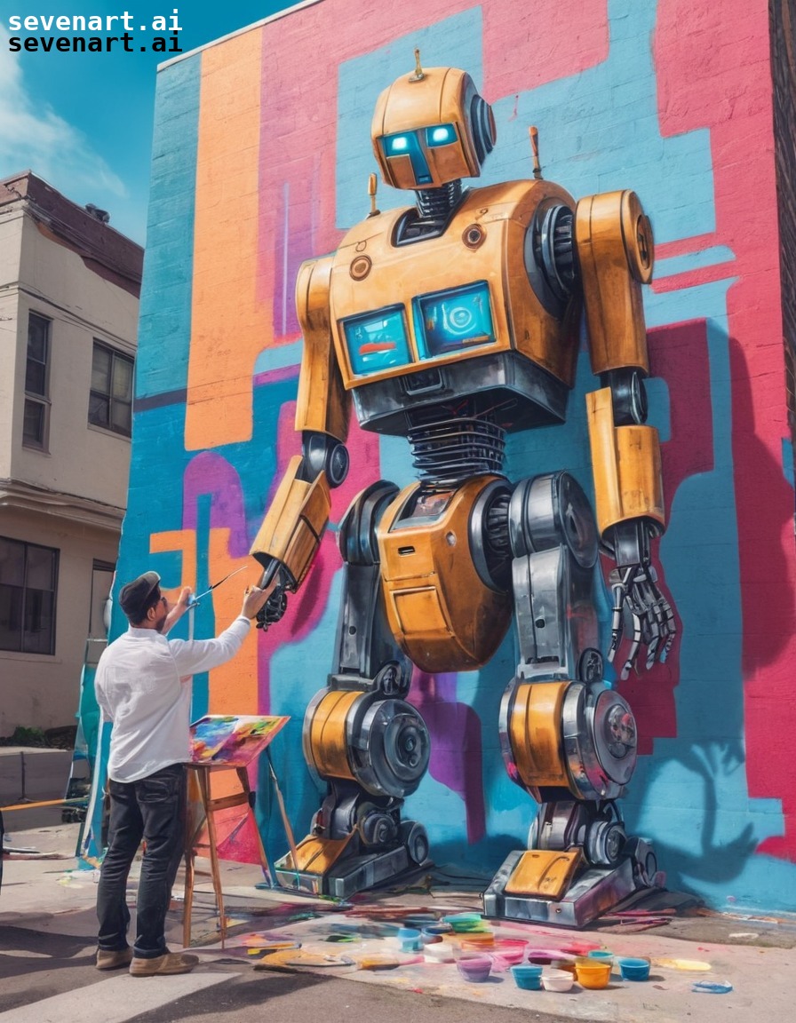 robot, artist, mural, city, painting, robots