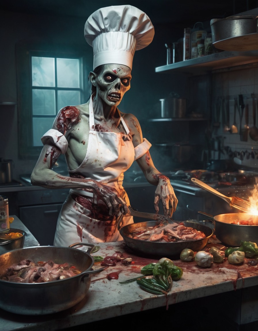 zombie, chef, cooking, gruesome, meal, rundown kitchen, horror