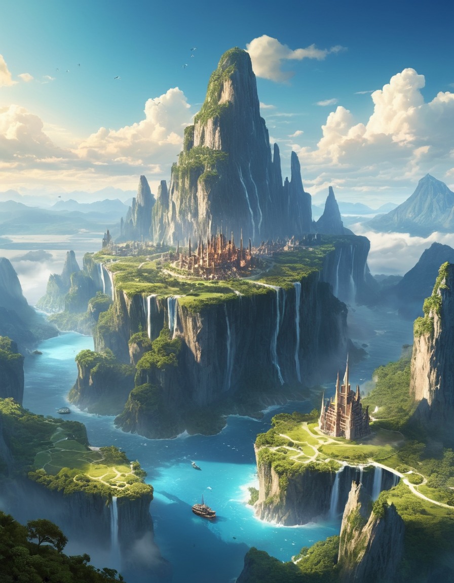 mountain peak, giants, valley, floating islands, fantasy, surrealism, fantastic