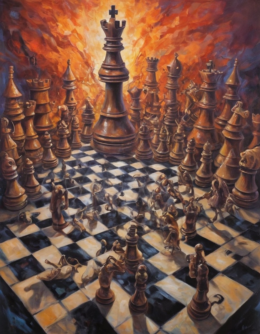 chess, strategy, board game, giant chessboard, large chess pieces, surreal