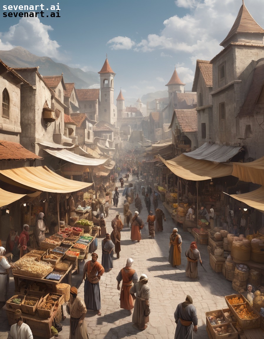 marketplace, bustling, merchants, townspeople, crowd, middle ages