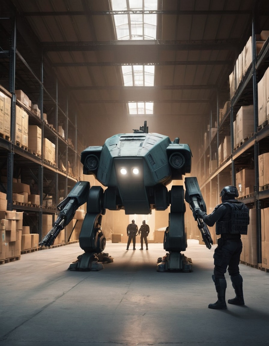 ed-209, criminals, warehouse, sci-fi, action, law enforcement, robots, games, movies