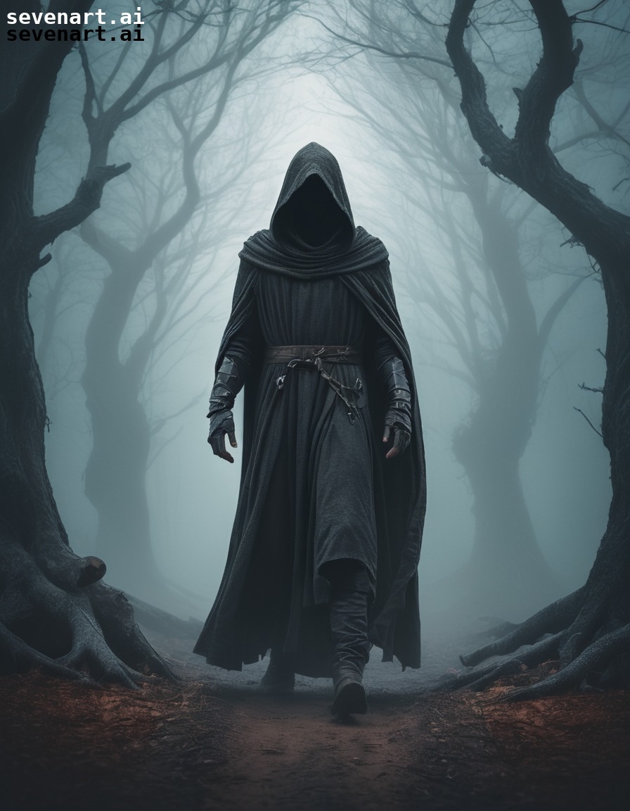 mysterious, hooded figure, foggy, medieval, forest, middle ages