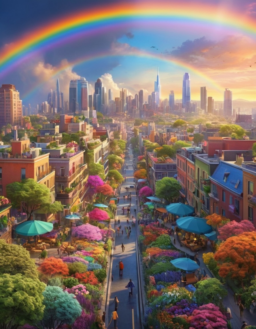 rainbow, cityscape, gardens, busy streets, nature, city