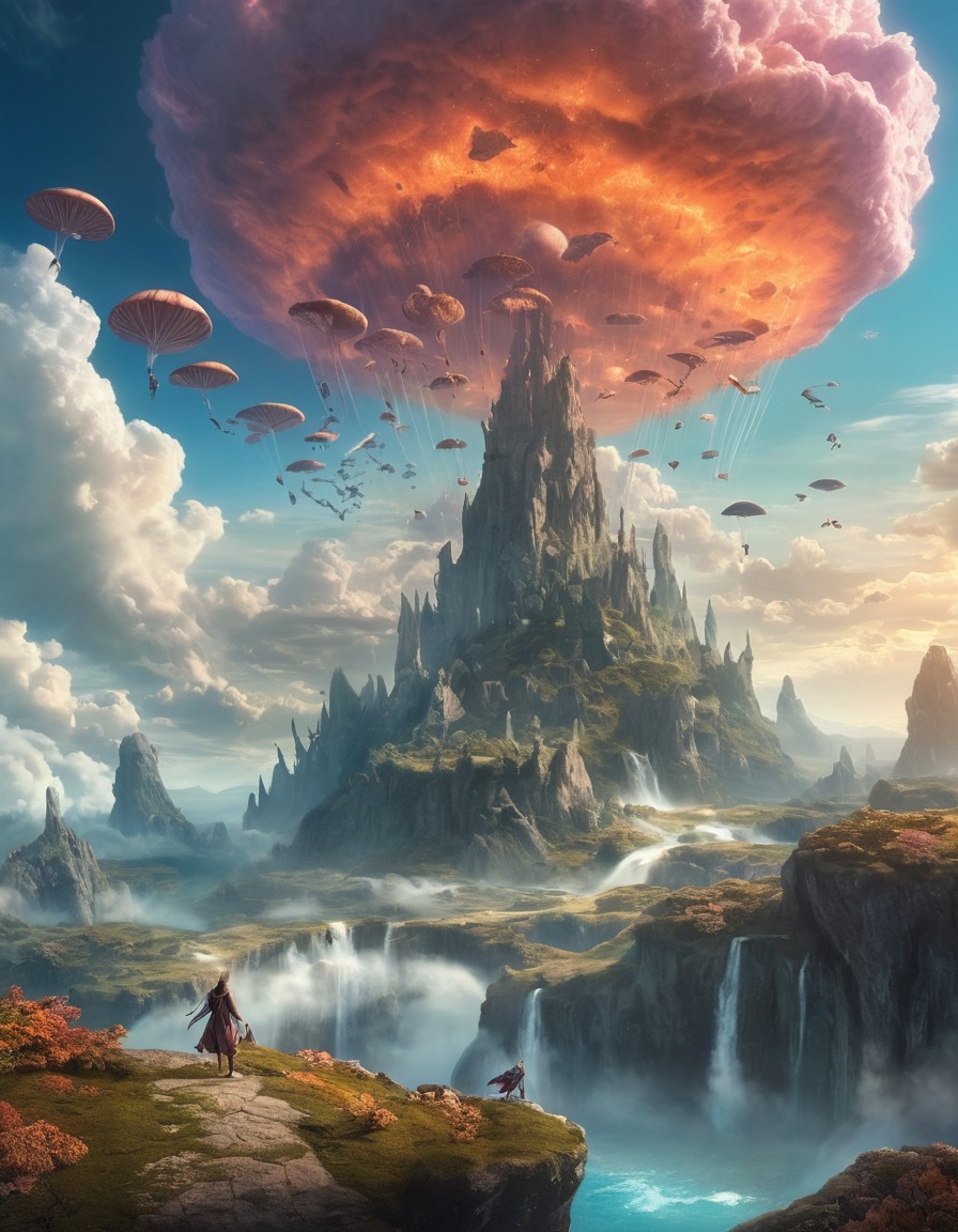 surreal, dreamlike, flying creatures, fantastical clouds, mythical landscape, fantastic