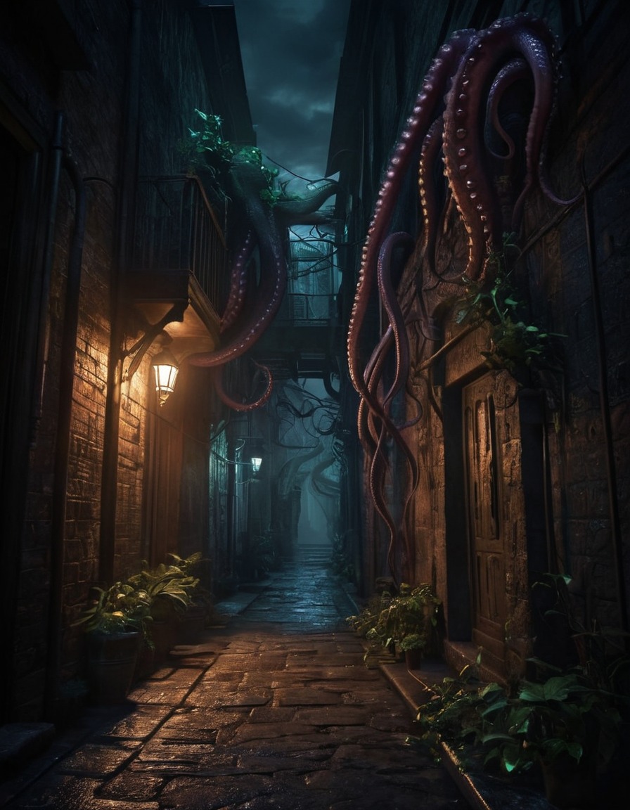 dark alley, shadows, tentacles, horror, lovecraftian, lovecraft, howard lovecraft