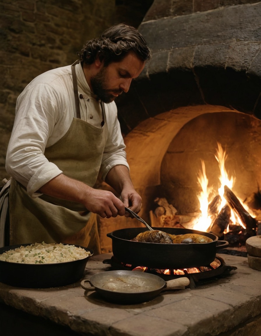 ancient cook, meal preparation, large hearth, medieval england, 1300 ad, cooking techniques, historical reenactment