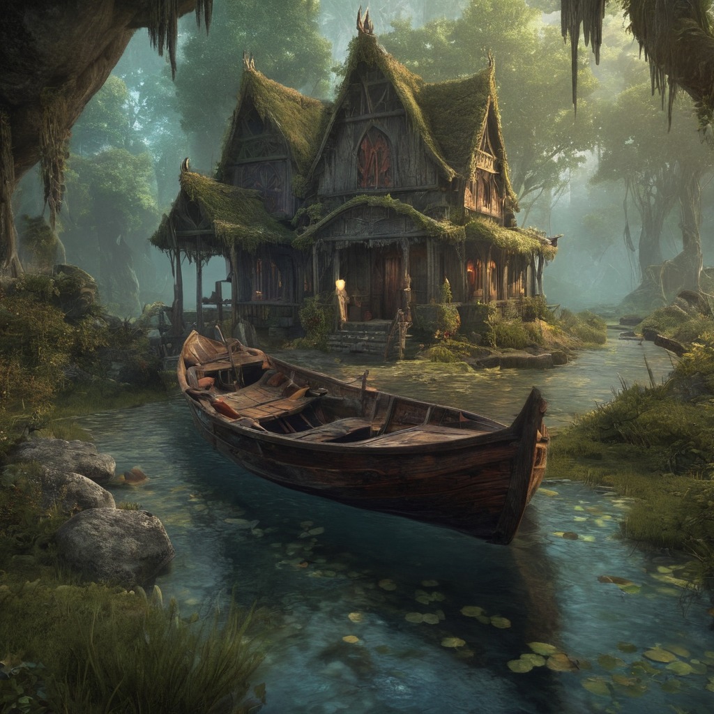 bayou, boat, dreamscape, flowers, house, landscape, lily, moss, scenery, swamp, trees, water