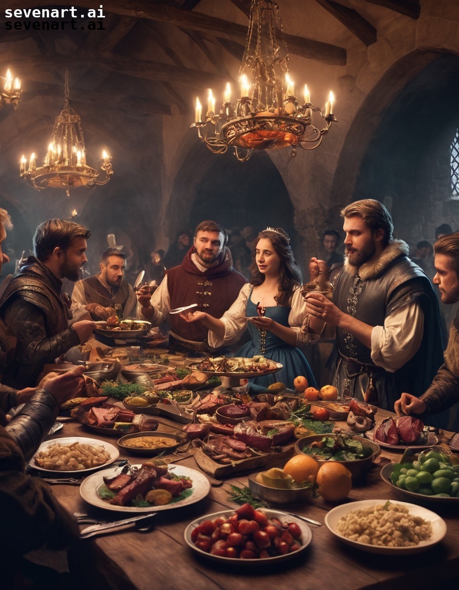 medieval, banquet, feast, roasted meats, fruits, middle ages