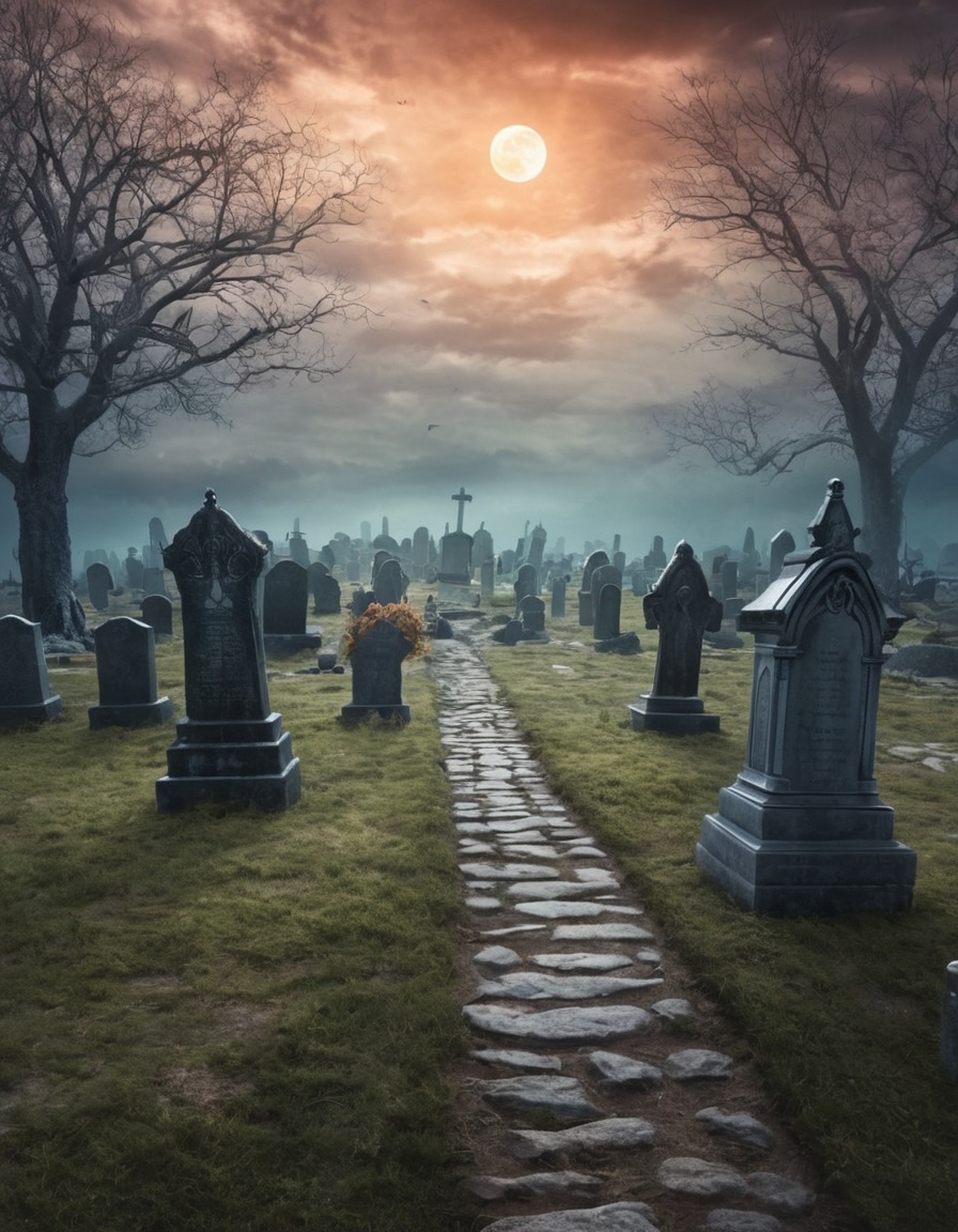 haunted graveyard, ghostly apparitions, tombstones, fantasy scene