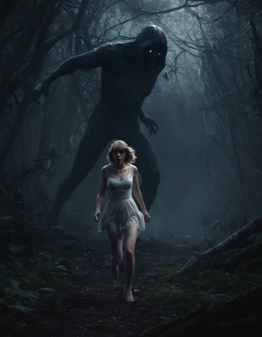 taylor swift, mysterious figure, dark forest, chase, thriller, singer