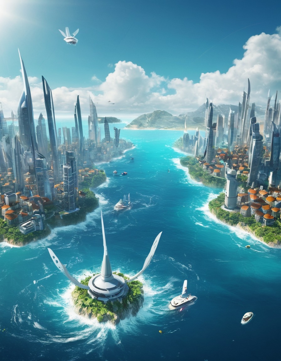 floating city, self-sustaining, renewable energy, ocean waves, futuristic, future