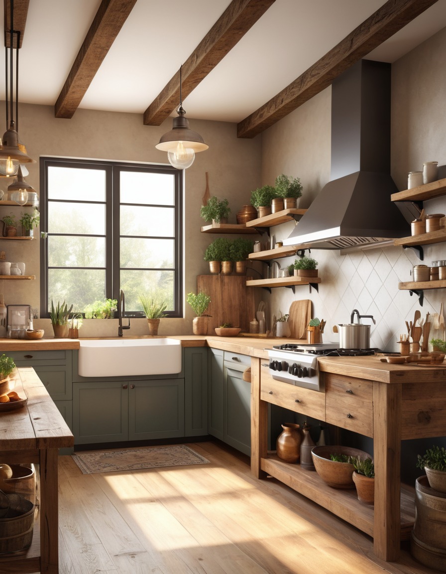 kitchen, farmhouse sink, rustic, wooden island, hanging pots, home, interior