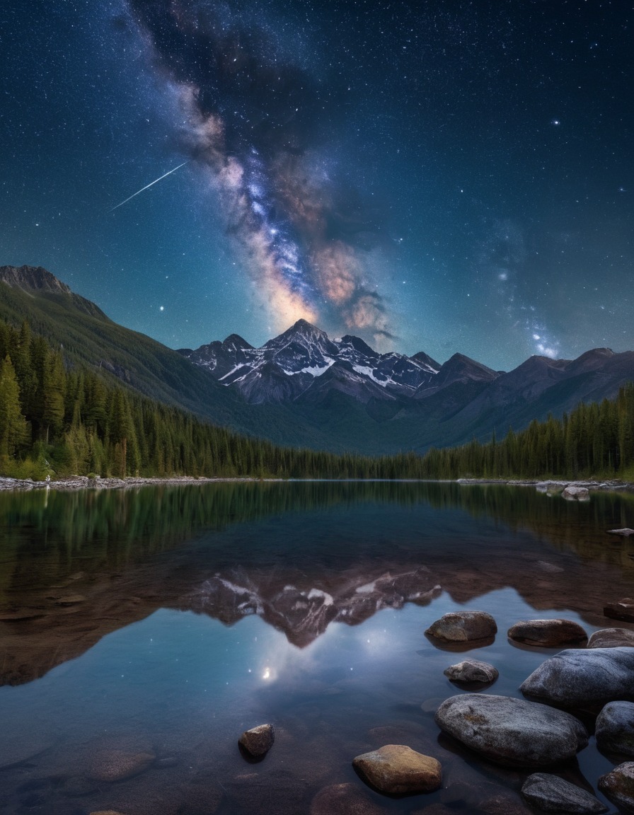 nature, mountain, lake, stars, milky way, serene landscape