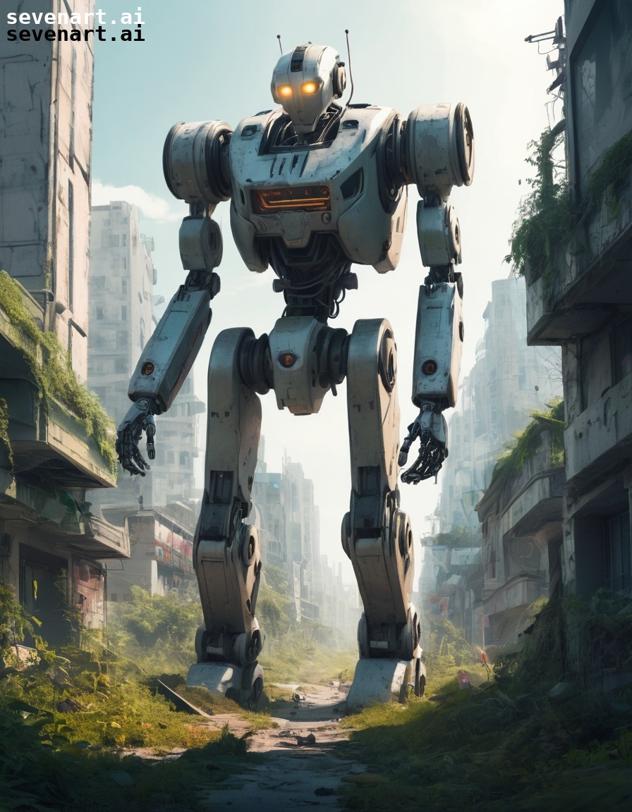 robot, exploration, deserted city, overgrown, post-apocalyptic, robots