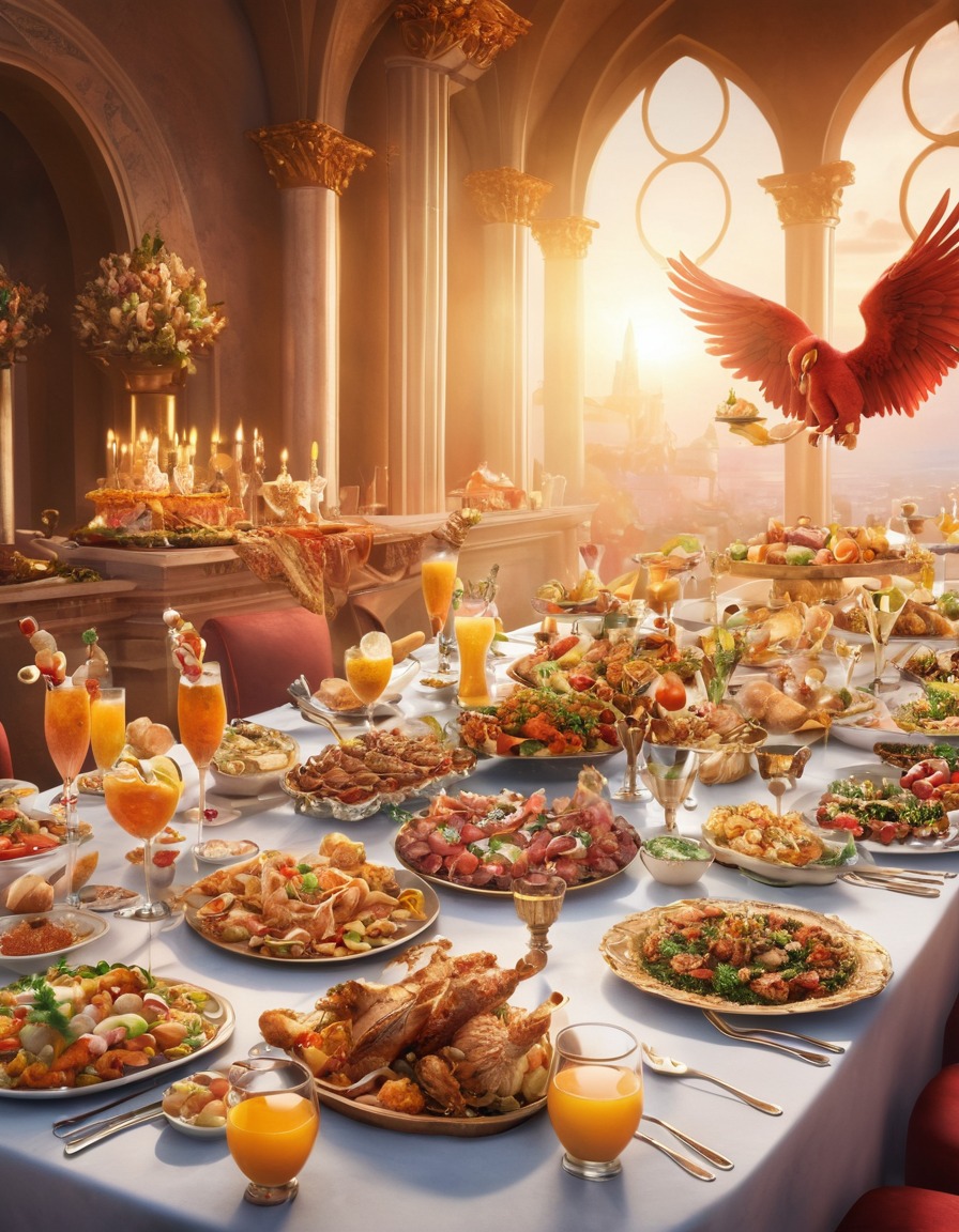 heaven, angels, banquet table, delicious food, grand, divine, celestial