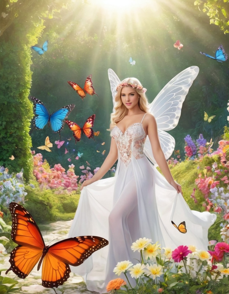 heaven, angels, peaceful garden, blooming flowers, colorful butterflies