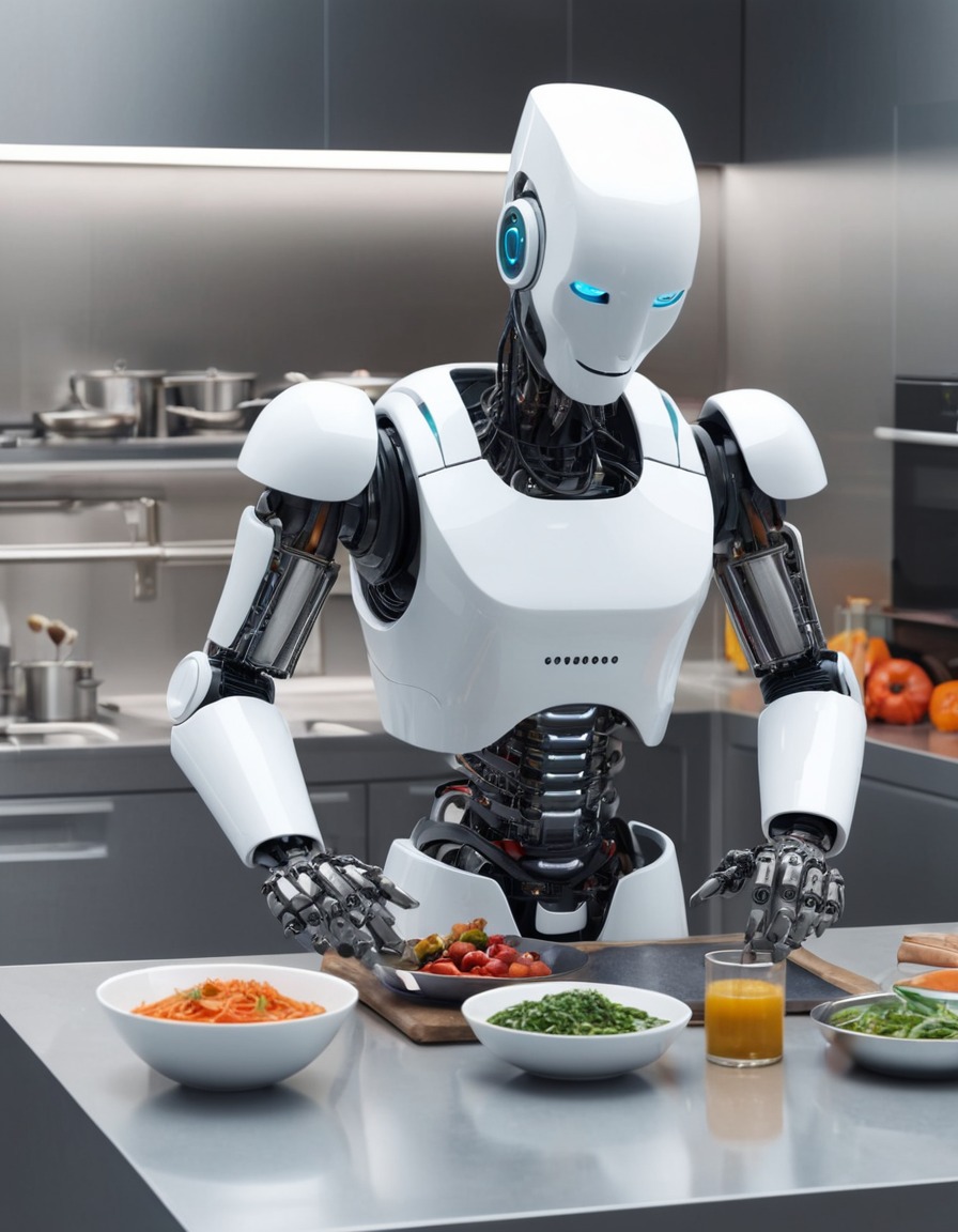 robot chef, gourmet meal, high-tech kitchen, cooking, technology, robots