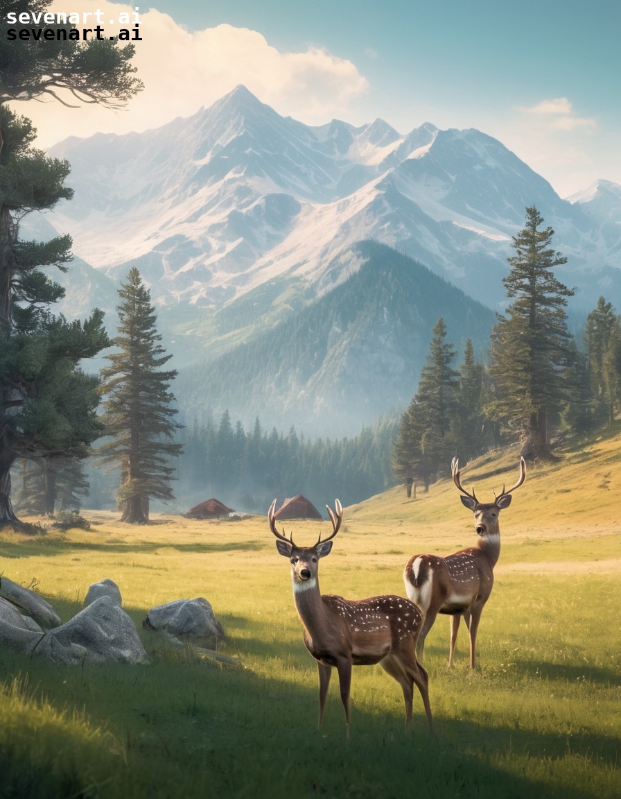 nature, wildlife, meadow, deer, mountains