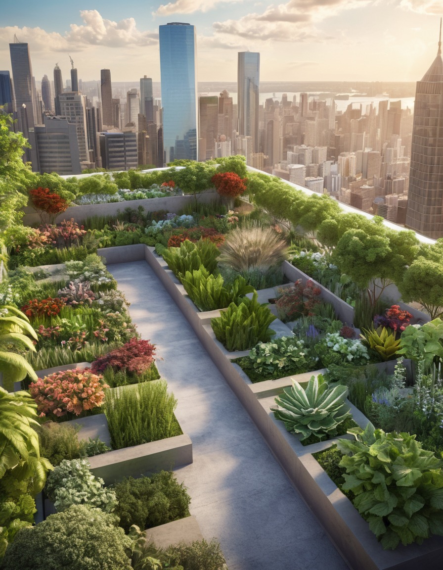 cityscape, rooftop garden, urban oasis, nature, greenery, skyline, city