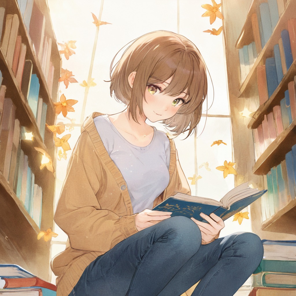 anime, animegirl, books, book, bookworm, girl, glasses, library, reading, watercolor