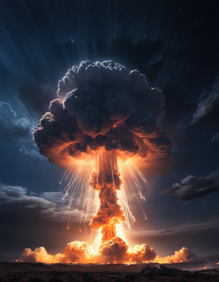 nuclear explosion, bright flash, night sky, ominous glow, nuclear, weapon, explosion