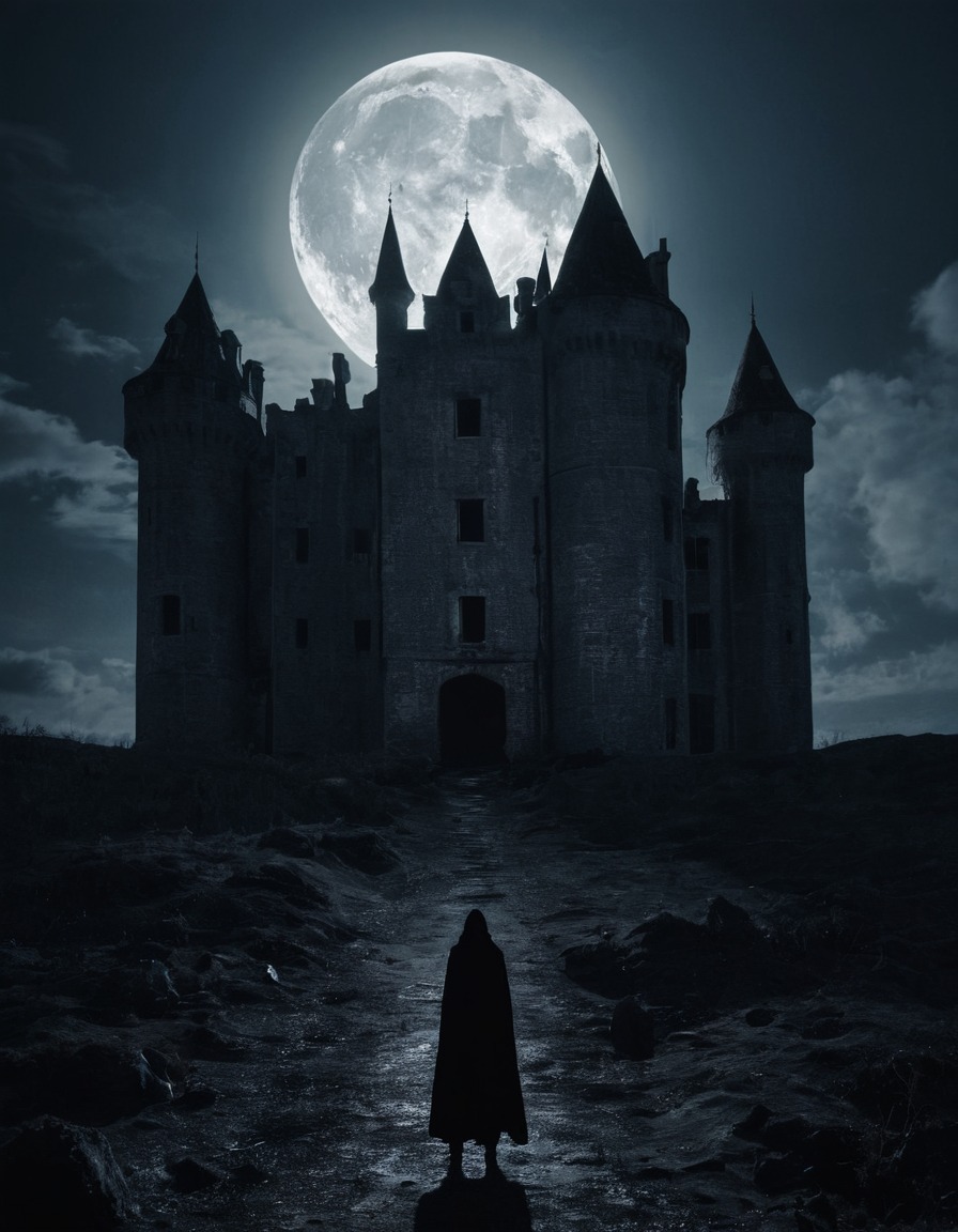 silhouette, full moon, abandoned castle, spooky, eerie, gothic, underground, dark