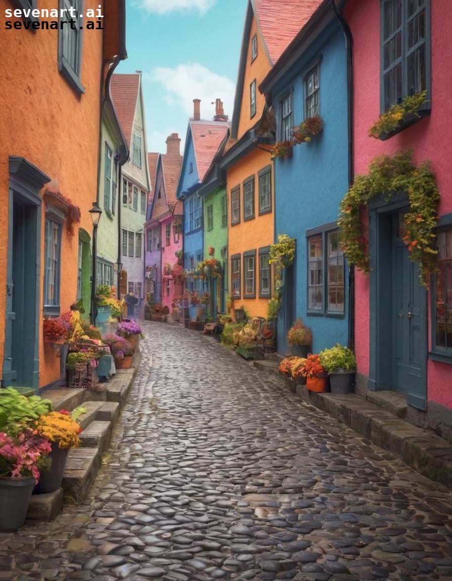 cobblestone street, colorful buildings, quaint, charming, architecture