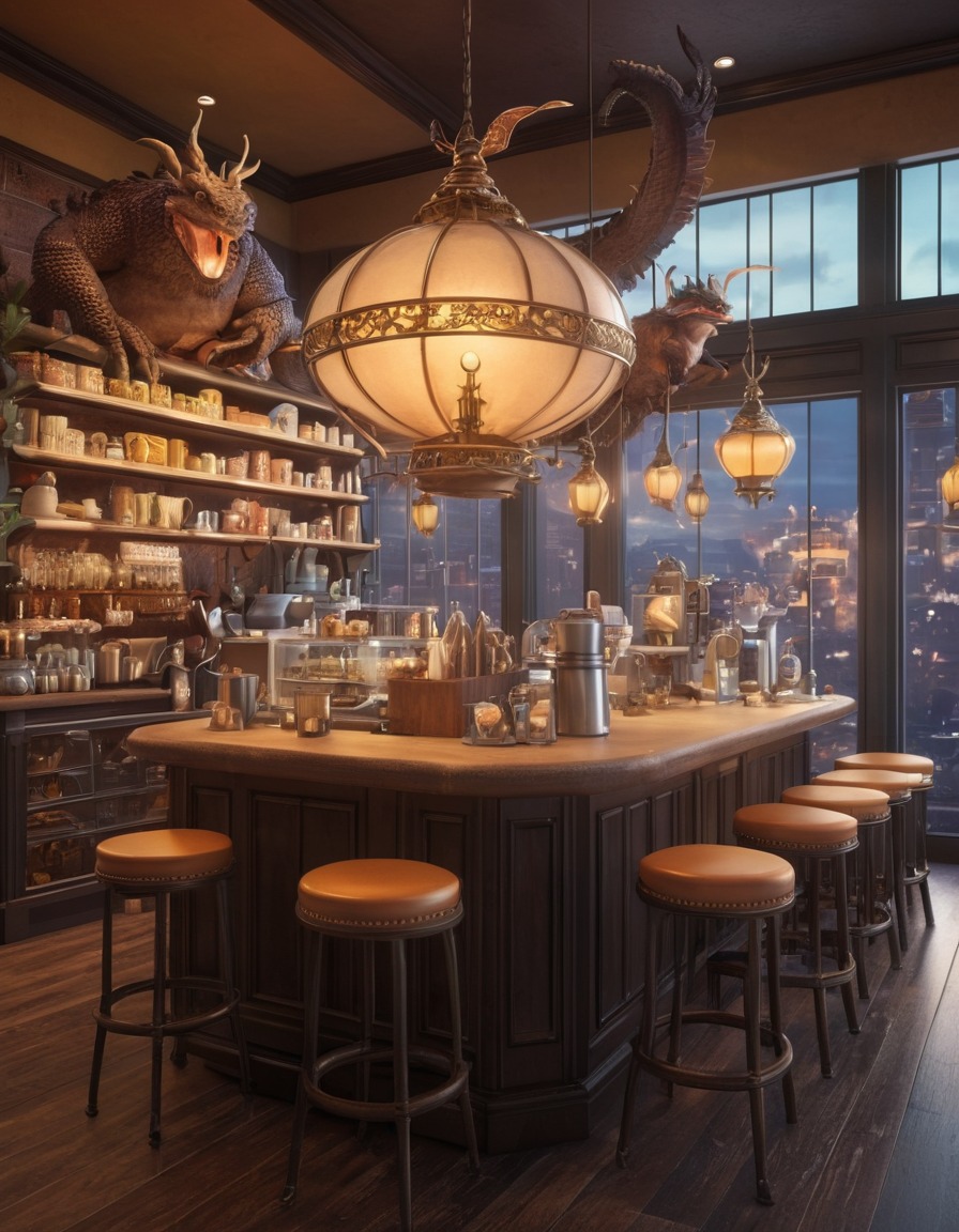 coffee shop, fantasy, city, fictional creatures, magic, adventure, original characters