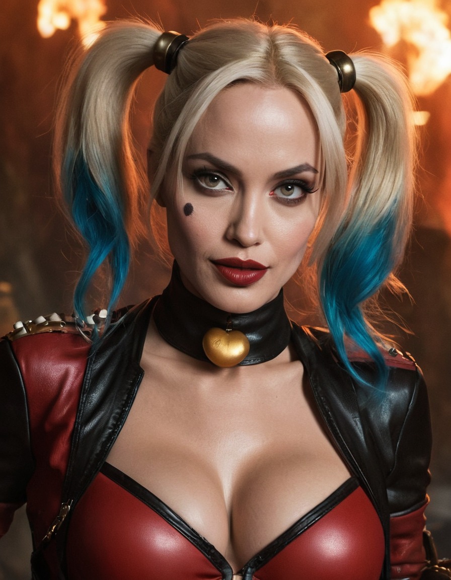 angelina jolie, harley quinn, celebrity transformation, superhero role, action movie, comics adaptation, villainous character