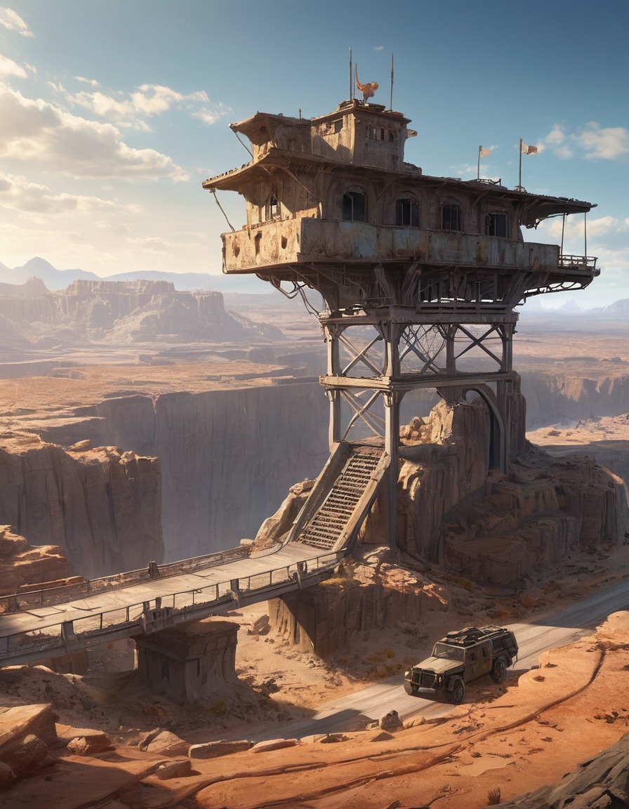 raider outpost, highway overpass, desolate landscape, post-apocalyptic, abandoned, bandits, fallout, games, tv shows