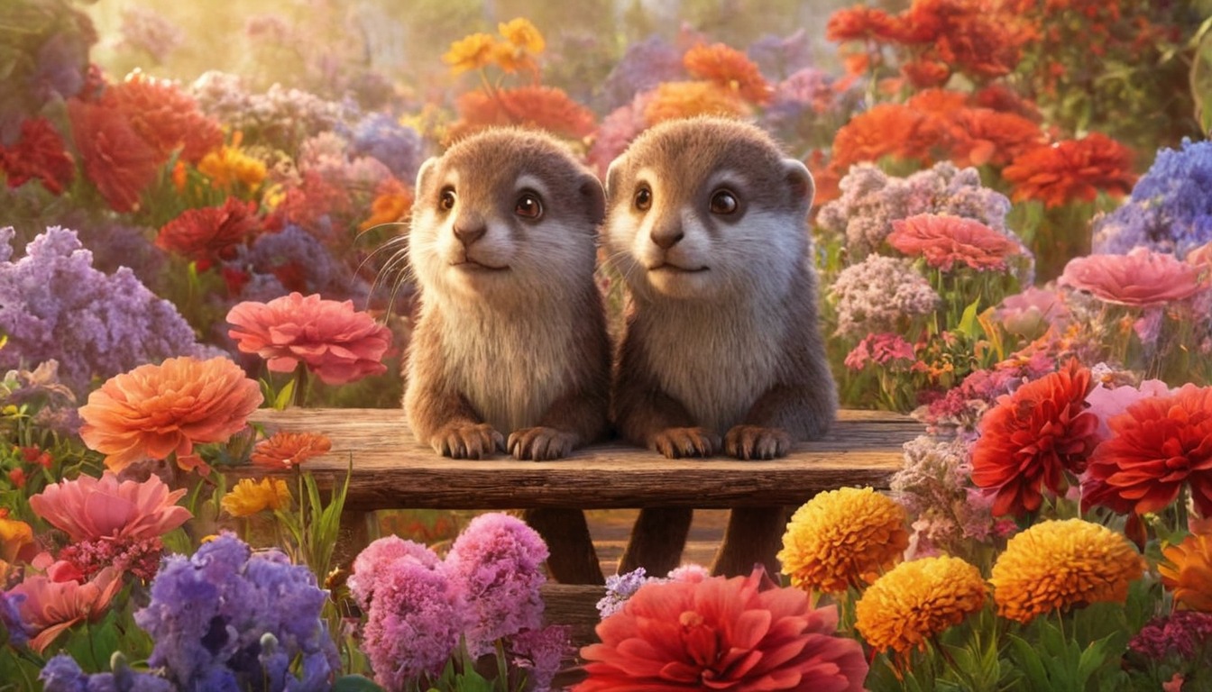 bench, couple, cute, decorated, flowers, otter