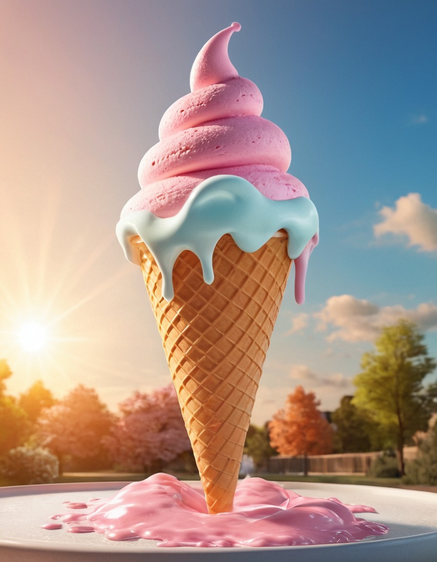 ice cream cone, melting, summer, dessert, surreal, heat, weather