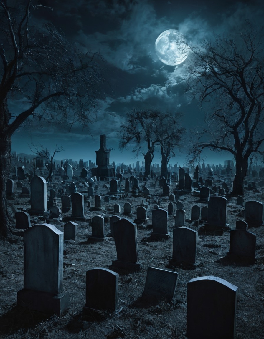 graveyard, moonlit, tombstones, spooky, night., gothic, underground, dark