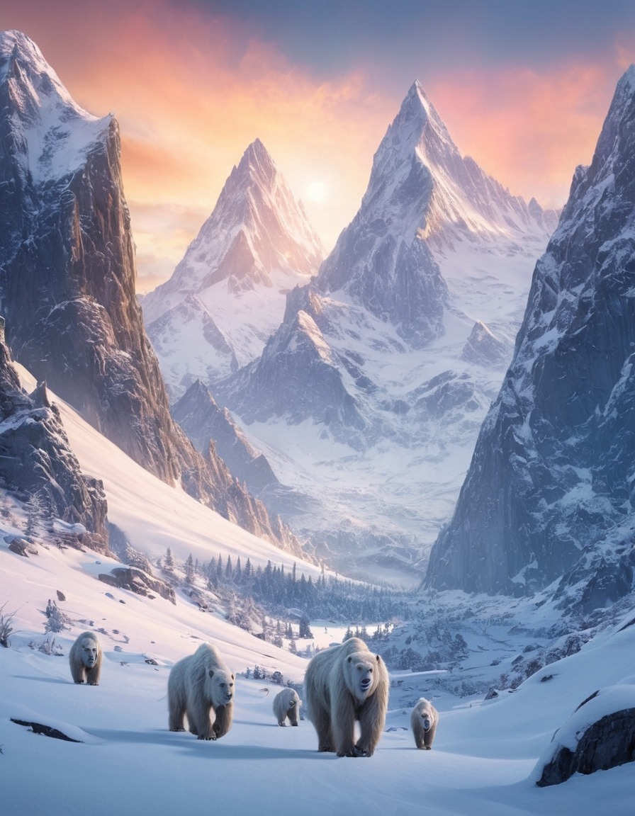 snow-capped mountains, yetis, mythical creatures, fantasy, winter landscape, fantastic