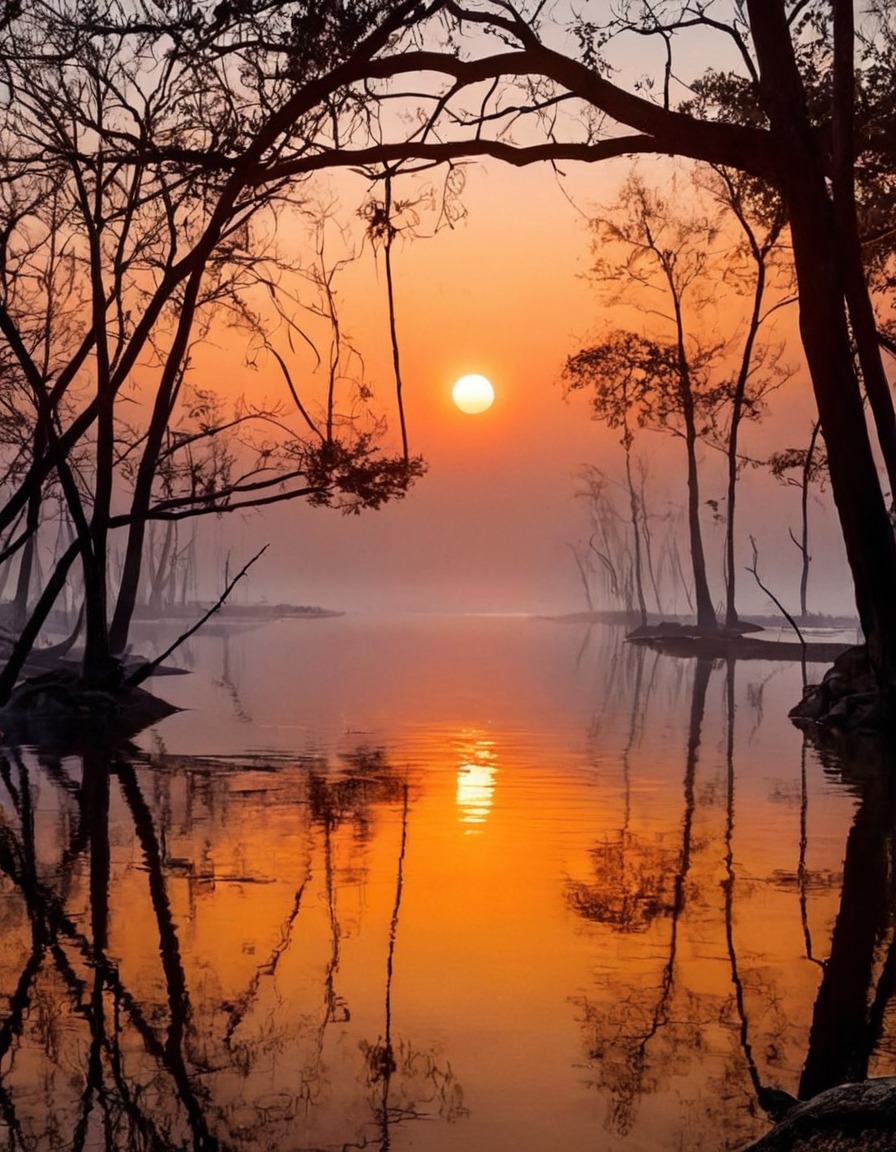 nature, trees, sunsets, reflections, peace and quiet, serenity, orange, orange gray