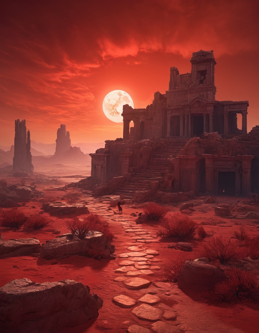 desolate, otherworldly, ruins, ancient, evil, blood-red sky, fantasy landscape, lovecraft, howard lovecraft