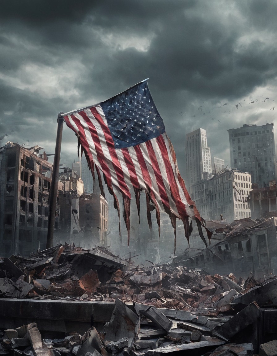 american flag, tattered, city in ruins, patriotism, war, usa