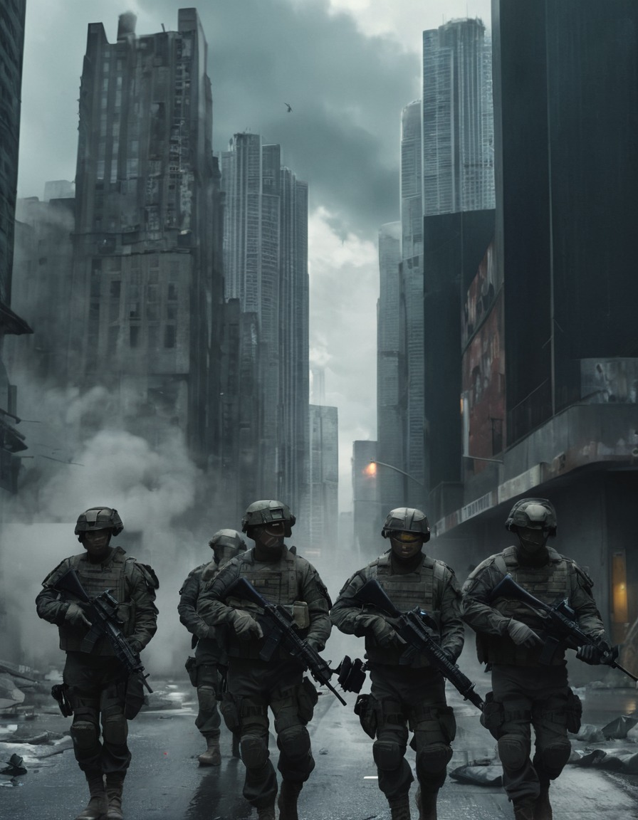 soldiers, patrol, city, skyscrapers, war, usa