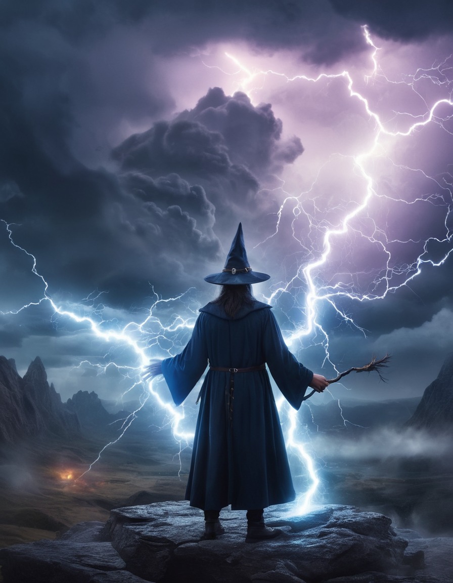 wizard, storm, lightning, mystical beings, mystical landscape