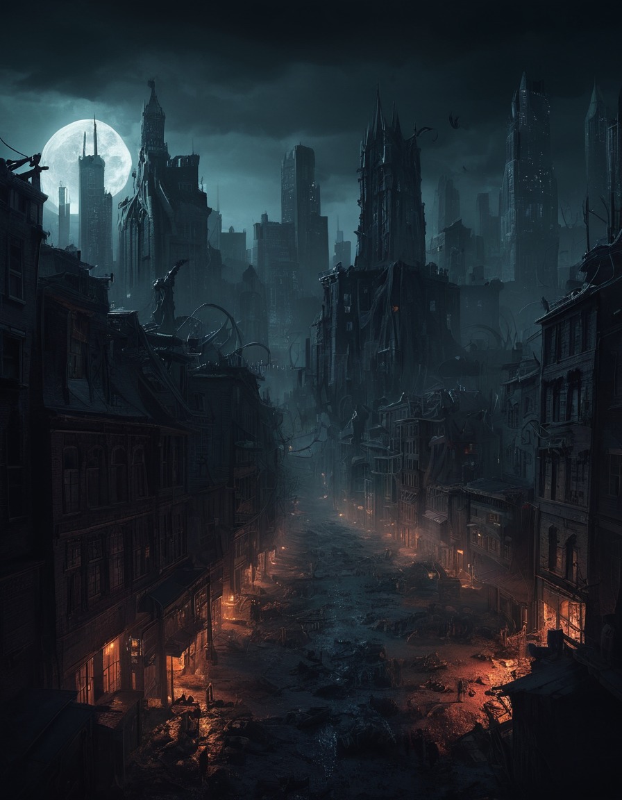 dark fantasy, urban horror, eldritch abominations, cityscape, lurking shadows, lovecraft, howard lovecraft