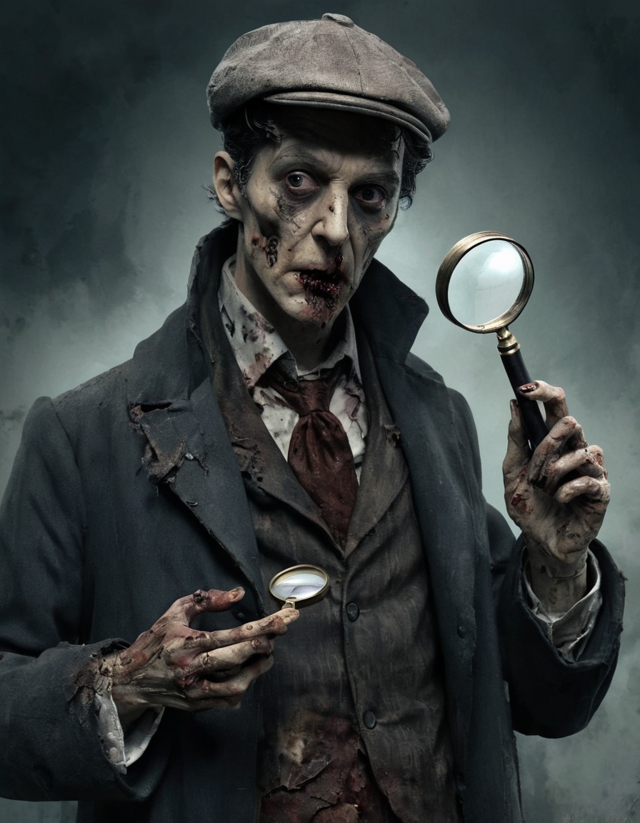 sherlock holmes, zombie, detective, magnifying glass, decayed, tattered clothes