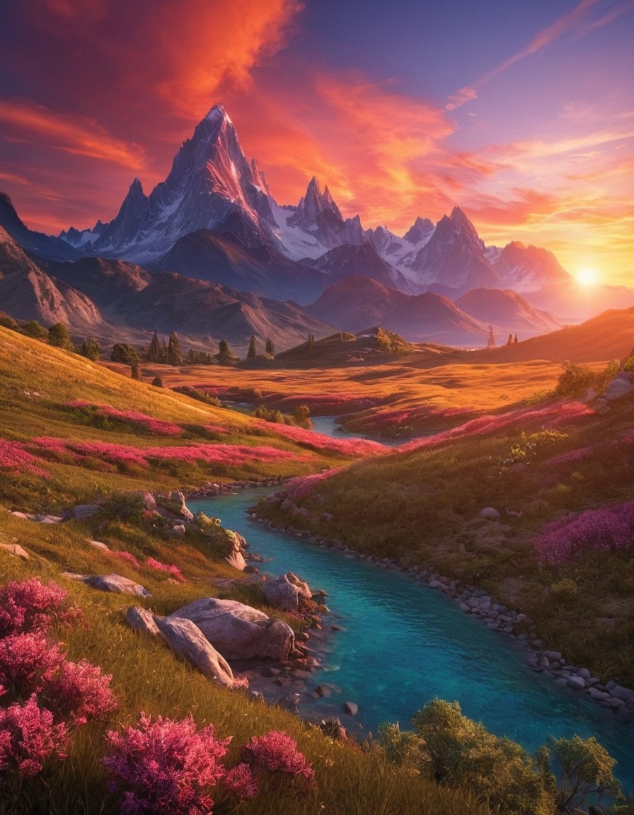 sunset, vibrant, mountain range, nature