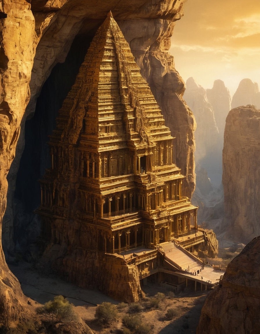 mystical, temple, cliff face, golden light, spirituality